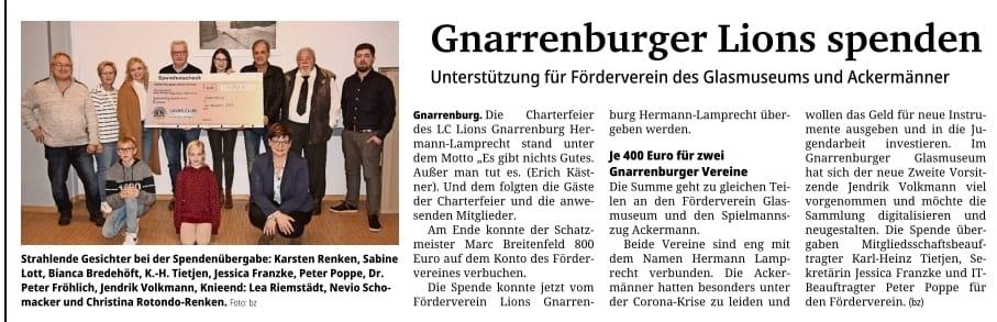 Spendenübergabe mit dem Spielmannzug und dem Glasmuseum